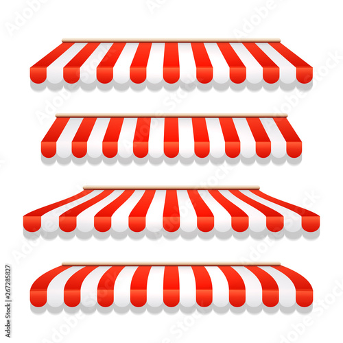 Store awning shop canopy. Store tent red striped roof front view. Restaurant, grocery or cafe awning street umbrella