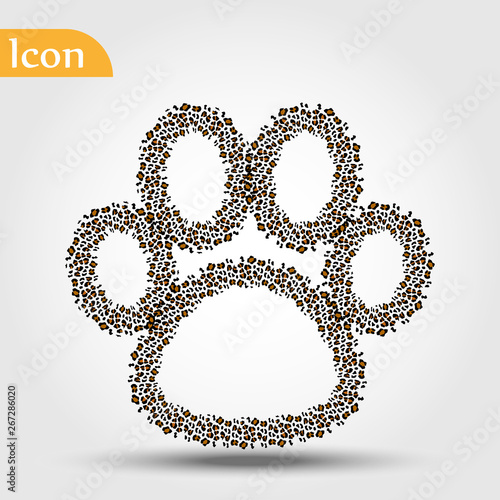 Dog paw with leopard skn foot and brown stripes. Flat icon design background. For animal website or wild life saving organization photo