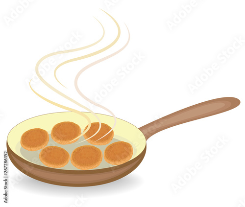 Cutlets are fried in a hot frying pan. Very tasty and nutritious food. Meat is suitable for breakfast, lunch and dinner. Vector illustration