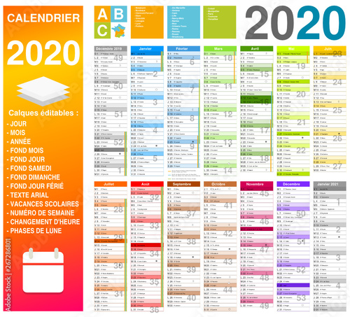 Calendrier 2020 14 mois avec vacances scolaires officielles entièrement modifiable via calques et texte arial	