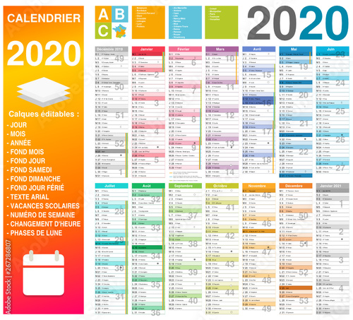 Calendrier 2020 14 mois avec vacances scolaires officielles entièrement modifiable via calques et texte arial