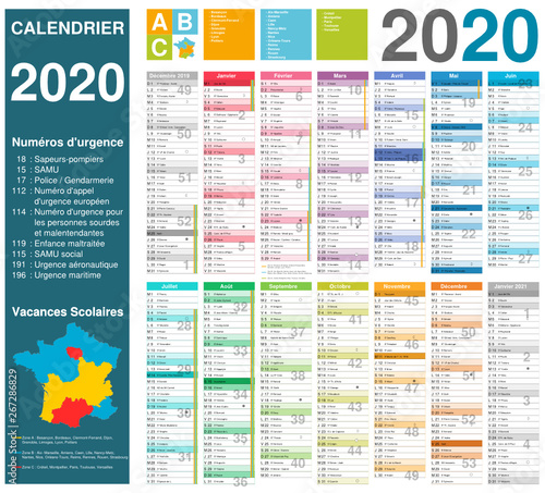 Calendrier 2020 14 mois avec vacances scolaires officielles entièrement modifiable via calques et texte arial	