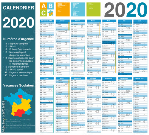 Calendrier 2020 14 mois avec vacances scolaires officielles entièrement modifiable via calques et texte arial