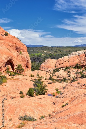 Views from the Lower Sand Cove trail to the Vortex formation, by Snow Canyon State Park in the Red Cliffs National Conservation Area, by Gunlock and Saint George, Utah, United States. 