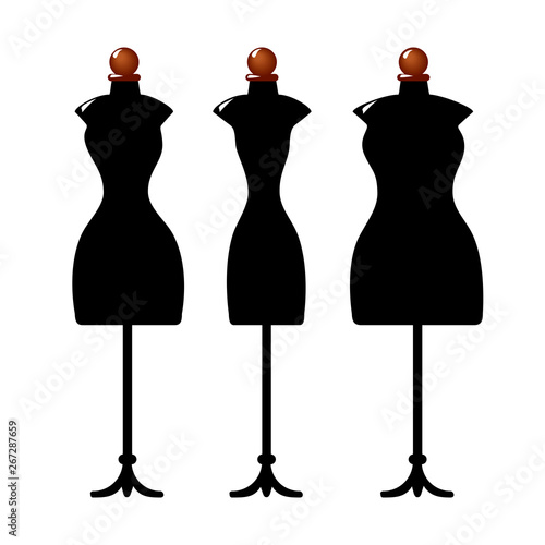 Three black female body shape mannequins. Torso dummy for woman tailor mannequins. Three types of female figure. Vector image. Isolated on white background