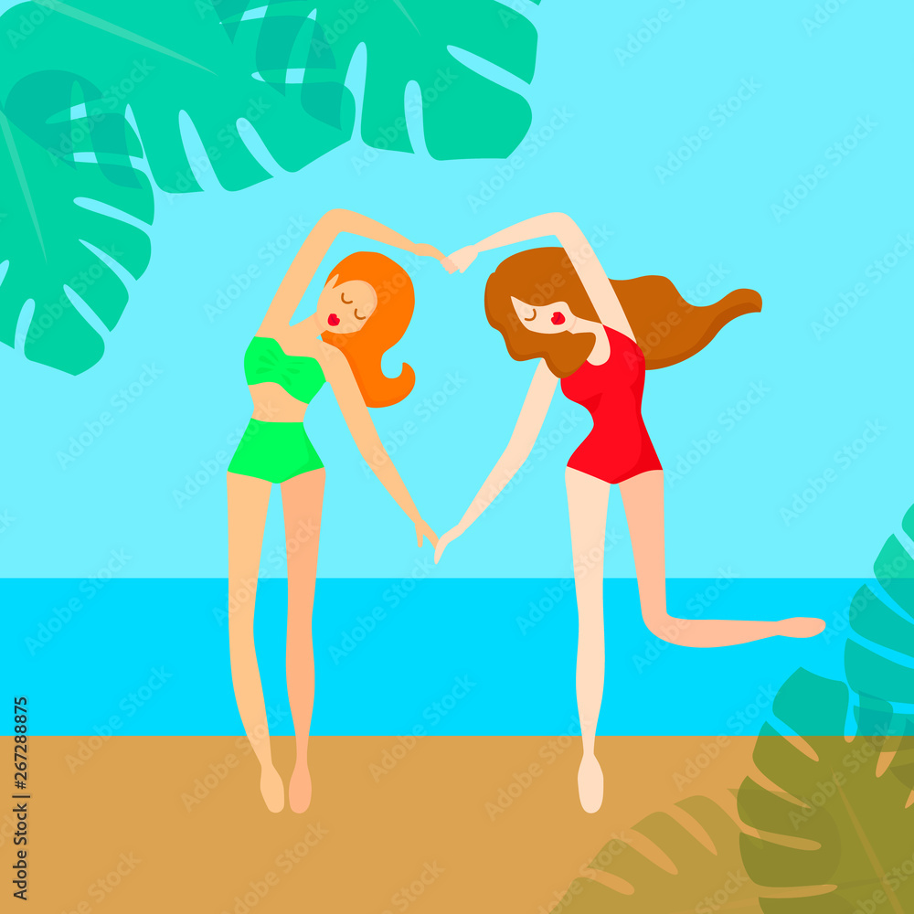 Two women on the beach, girlfriends or lesbi couple, vector illustration Two women on the beach, girlfriends or lesbi couple, vector illustration