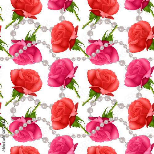 Seamless Endless Pattern with Print of beautiful roses and realistic pearls on white background. Can be used in food industry for wallpapers  posters  wrapping paper  wedding cards.