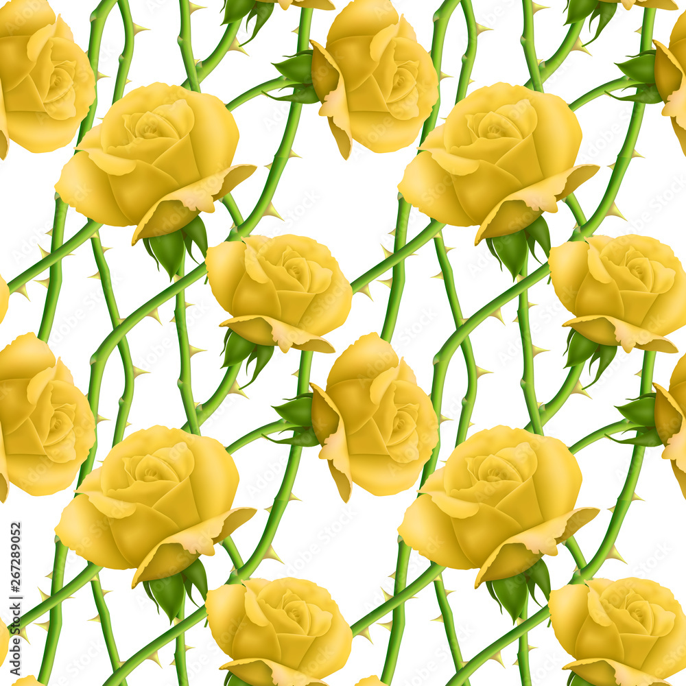 Seamless, endless pattern with roses and thorns, bright yellow roses on