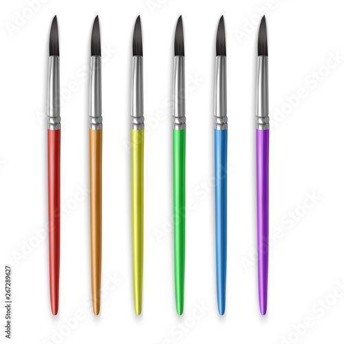 Paint brushes different rainbow colors, Set of realistic brushes on white background, vector illustration