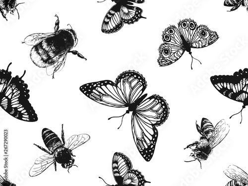 Seamless pattern of hand drawn sketch style insects and flowers isolated on white background. Vector illustration.