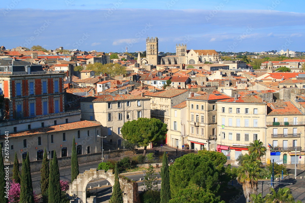 Beautiful aerial view over the historic center and St. Peter's Cathedral in Montpellier, city in southern France and capital of the Herault department