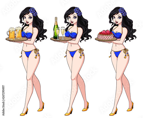 Pretty cartoon girl with black hair in blue bikini swimsuit holding beer, champagne and cake.