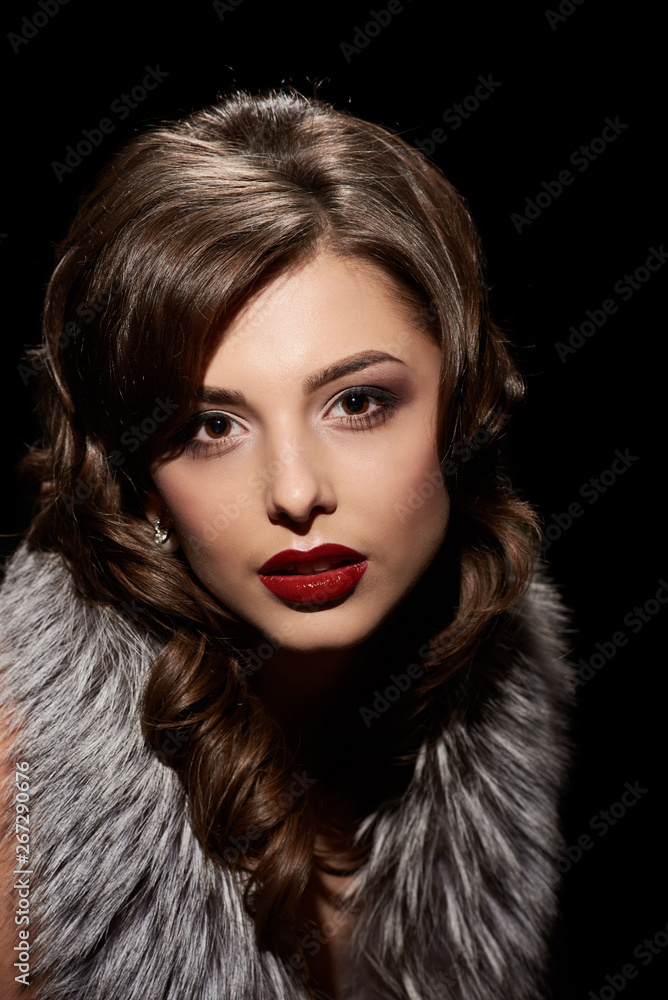 Retro portrait of young beautiful woman with fur collar Retro portrait of young beautiful woman with fur collar