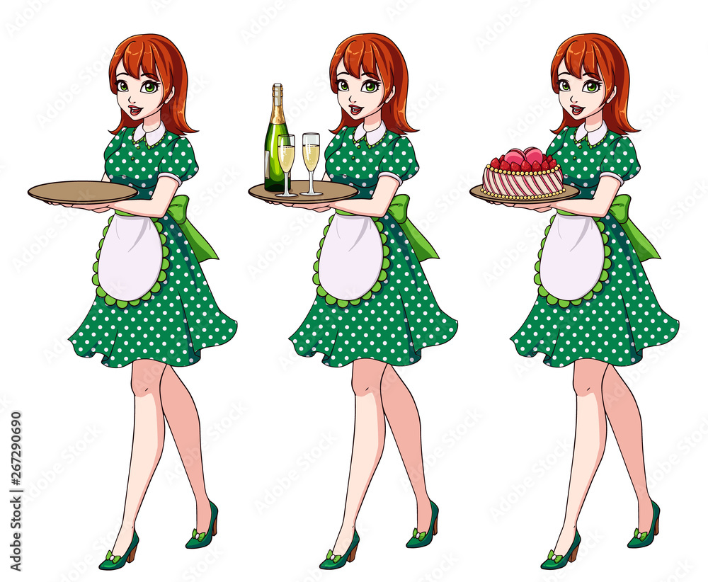Set of red haired waitresses holding champagne and cake, wearing green dotted maid costume. Set of red haired waitresses holding champagne and cake, wearing green dotted maid costume.