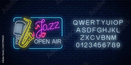 Neon jazz festival banner with retro microphone, saxophone and lettering in rectangle frame with alphabet