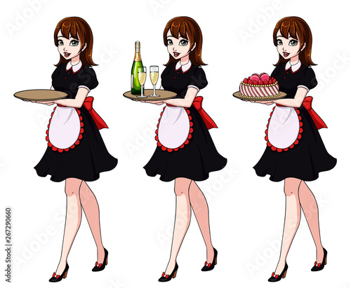 Set of brown haired waitresses holding champagne and cake, wearing black maid costume.