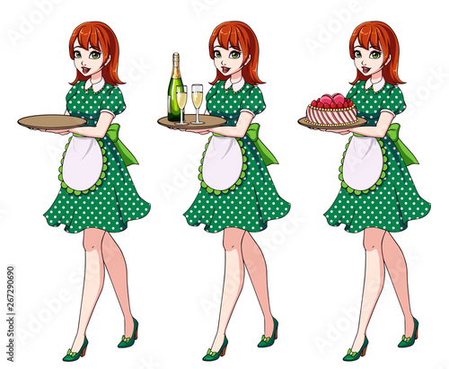 Set of red haired waitresses holding champagne and cake, wearing green dotted maid costume.