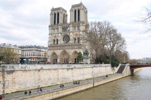 River seine and Notre Dame de Paris, a medieval Catholic cathedral in capital city of France