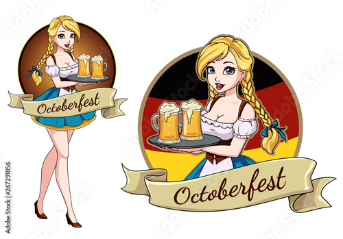 Pretty cartoon girl with beer, Oktoberfest logo design with space for text, invitation.