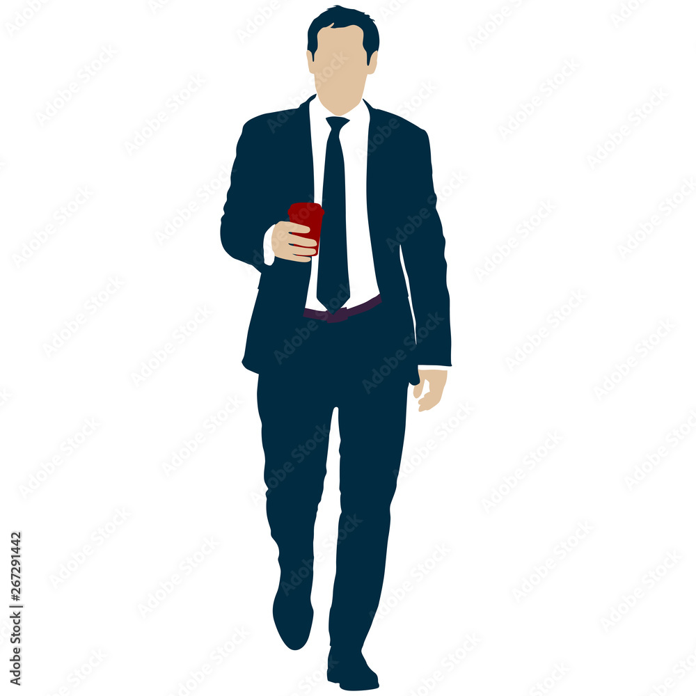Silhouette businessman man in suit with tie with a glass of coffee in hand on a white background Silhouette businessman man in suit with tie with a glass of coffee in hand on a white background