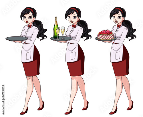 Set of brunette waitresses holding champagne and cake, wearing red uniform.