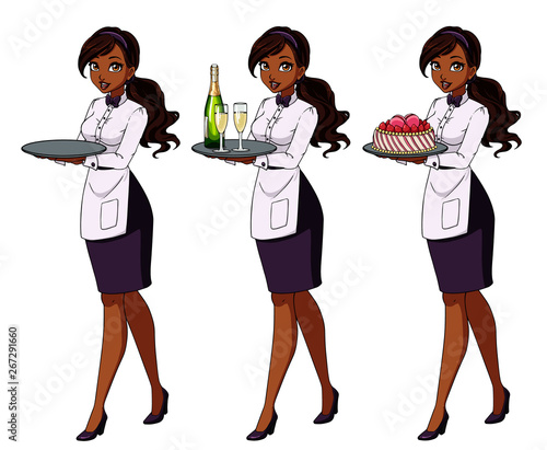 Set of brunette waitresses holding champagne and cake, wearing purple uniform.