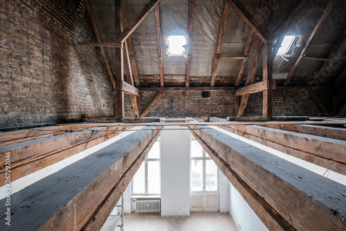 Bilde på lerret floor beams in attic / loft during renovation,  roof under construction
