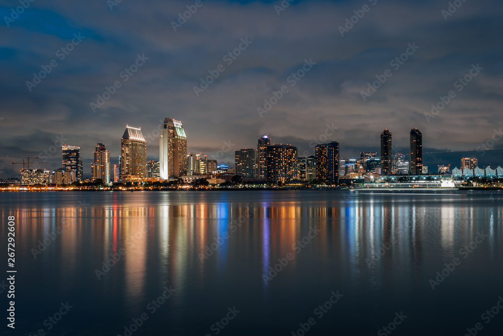 View of the downtown San Diego skyline at night, from Coronado, California