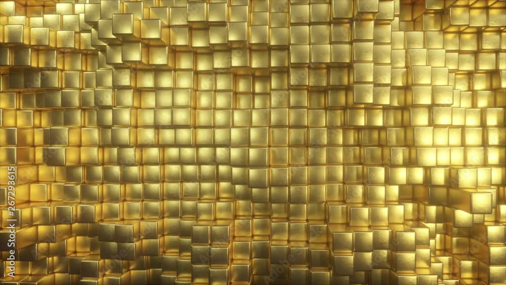 Beautiful abstract golden cubes. The golden wall of blocks is moving. Seamless loop 4k cg 3d animation