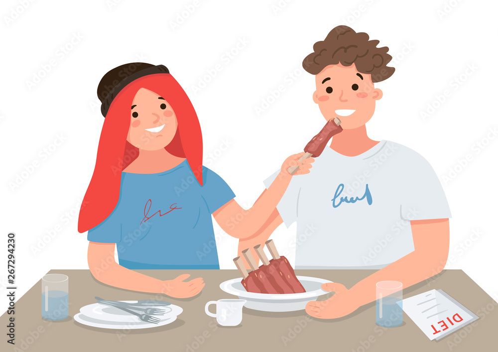 Smiling young man and woman having dinner observing caravanier diet. The girl treats her boyfriend the prime rib. Vector illustration. Smiling young man and woman having dinner observing caravanier diet. The girl treats her boyfriend the prime rib. Vector illustration.