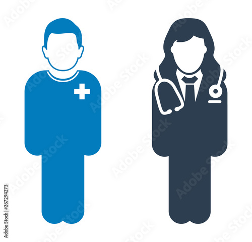 Standing Doctor and patient Icon. Flat style vector EPS.