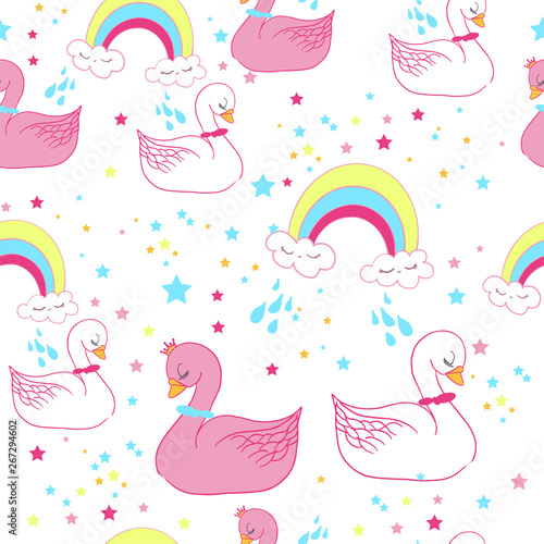 Seamless sweet baby swan pattern vector