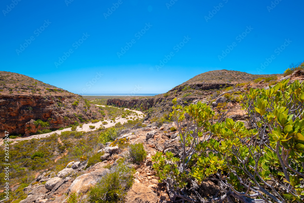 Mandu Mandu Gorge with dry river bed leading towards Indian Ocean at Cape Range National Park Australia