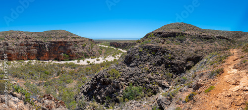 Mandu Mandu Gorge panorama with dry river bed leading into Indian Ocean at Cape Range National Park Australia
