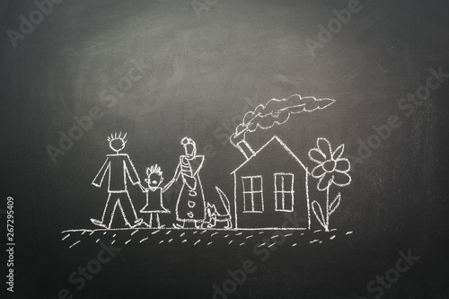 Obraz na płótnie Child's drawing - family near home w salonie