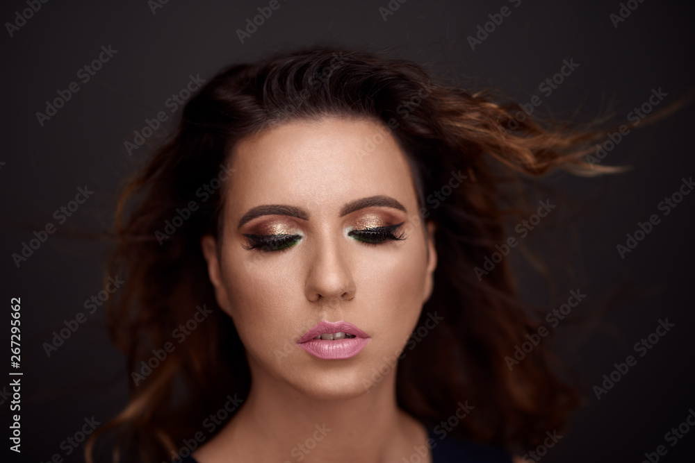 Fototapeta premium Fashion portrait of young beautiful woman. Brunette girl. Perfect make-up. Beauty style woman