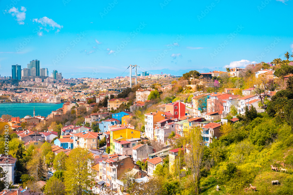 View of the Istanbul City of Turkey and houses with Bosphorus Bridge at Marmara Sea	