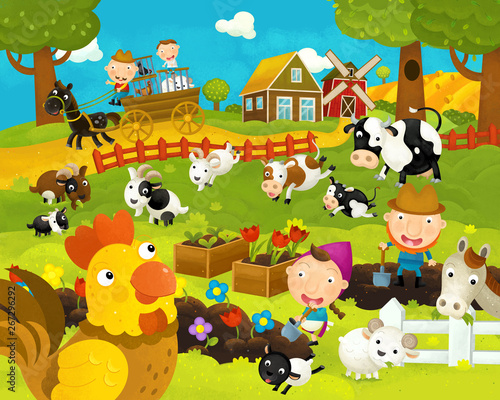 cartoon happy and funny farm scene with happy rooster - illustration for children