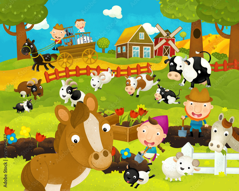 Fototapeta cartoon happy and funny farm scene with happy horse - illustration for children