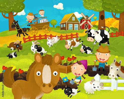 cartoon happy and funny farm scene with happy horse - illustration for children