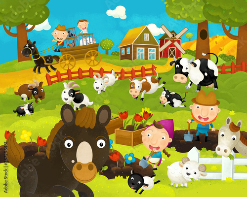 cartoon happy and funny farm scene with happy horse - illustration for children © agaes8080
