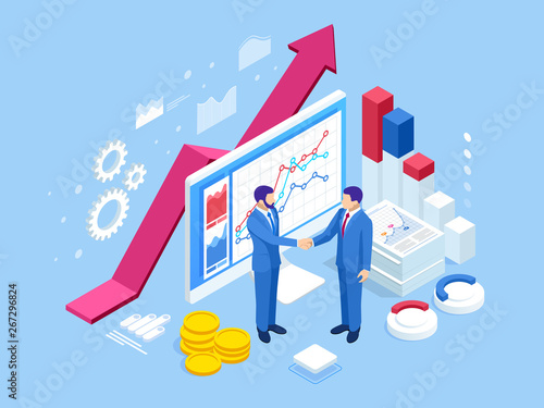 Isometric Successful business collaboration. Businessmen shaking hands. B2B. Data and key performance indicators for business intelligence analytics
