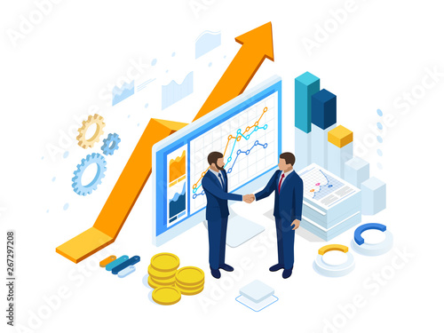 Isometric Successful business collaboration. Businessmen shaking hands. B2B. Data and key performance indicators for business intelligence analytics