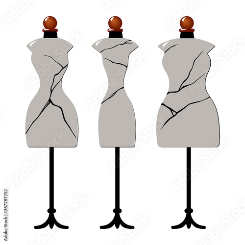Three old cracked female body shape mannequins. Torso dummy for woman tailor mannequins. Three types of female figure. Vector image. Isolated on white background