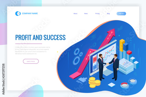 Isometric Successful business collaboration. Businessmen shaking hands. B2B. Data and key performance indicators for business intelligence analytics