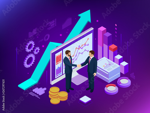 Isometric B2B sales method. Partners shaking hands. Successful entrepreneurs. Data and key performance indicators for business intelligence analytics