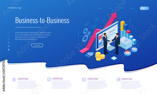 Isometric B2B sales method. Partners shaking hands. Successful entrepreneurs. Data and key performance indicators for business intelligence analytics
