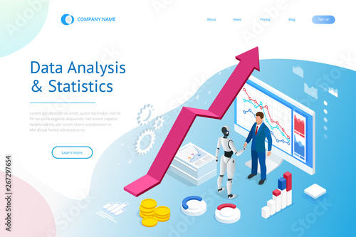 Isometric B2B sales method. Partners shaking hands. Successful entrepreneurs. Data and key performance indicators for business intelligence analytics