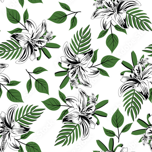 seamless hand draw flower branches with leaf pattern