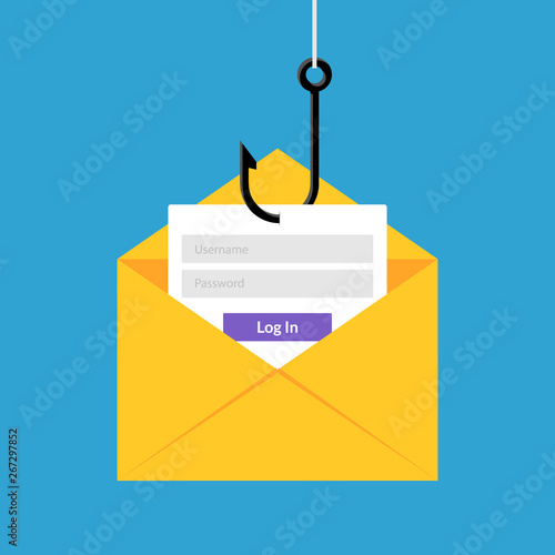 Data phishing hacking online. Scam envelope concept. Computer data fishing hack crime
